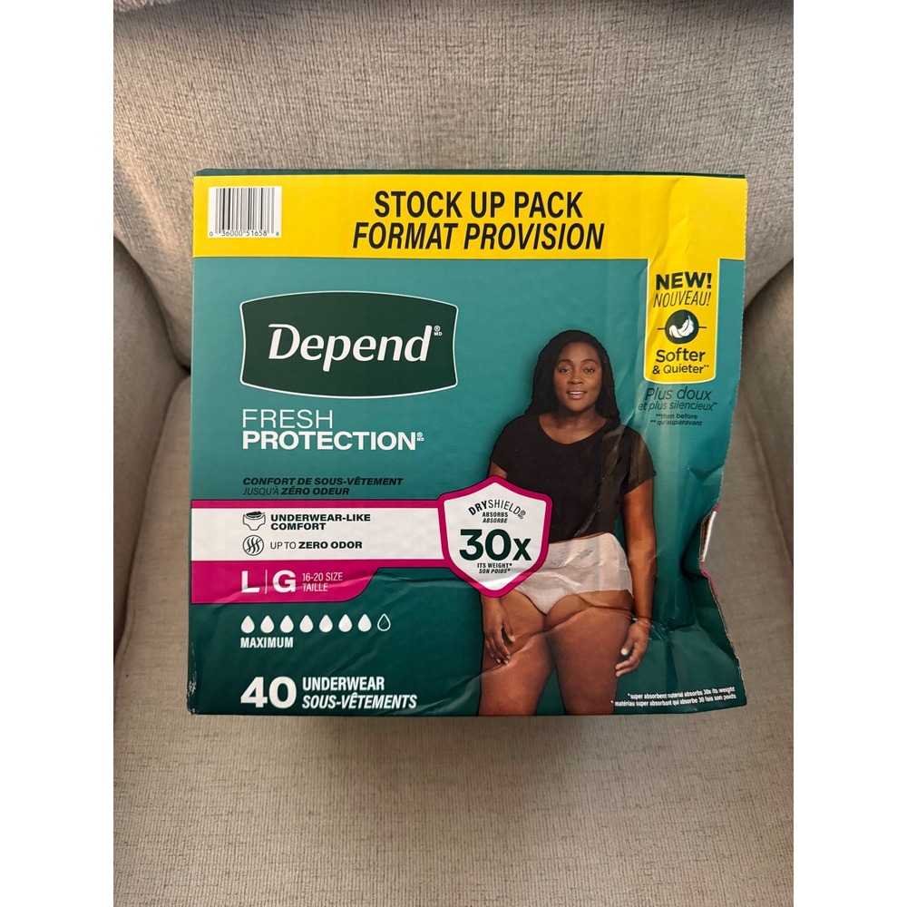 Depend Fresh Protection Women's Underwear, Large, 40ct Stock Up Pack NIB